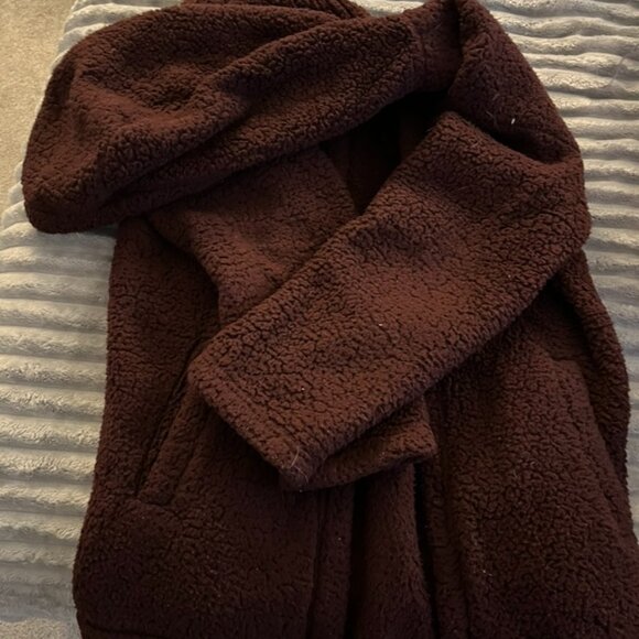 American Eagle, sherpa long sweater coat, size S; maroon/chocolate - Picture 1 of 1